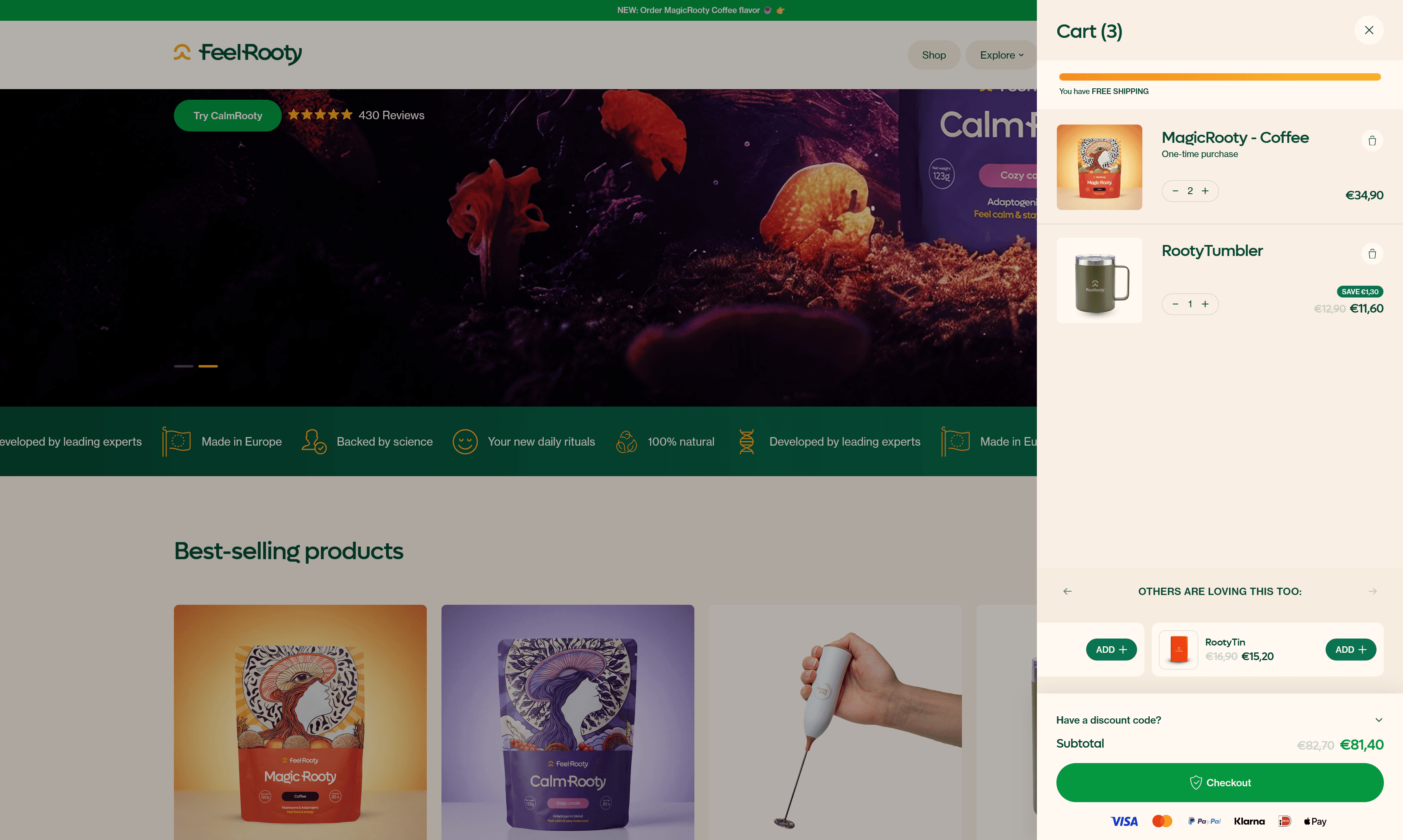 Feelrooty cart containing MagicRooty and a discounted RootyTumbler, with further accessory suggestions below.
