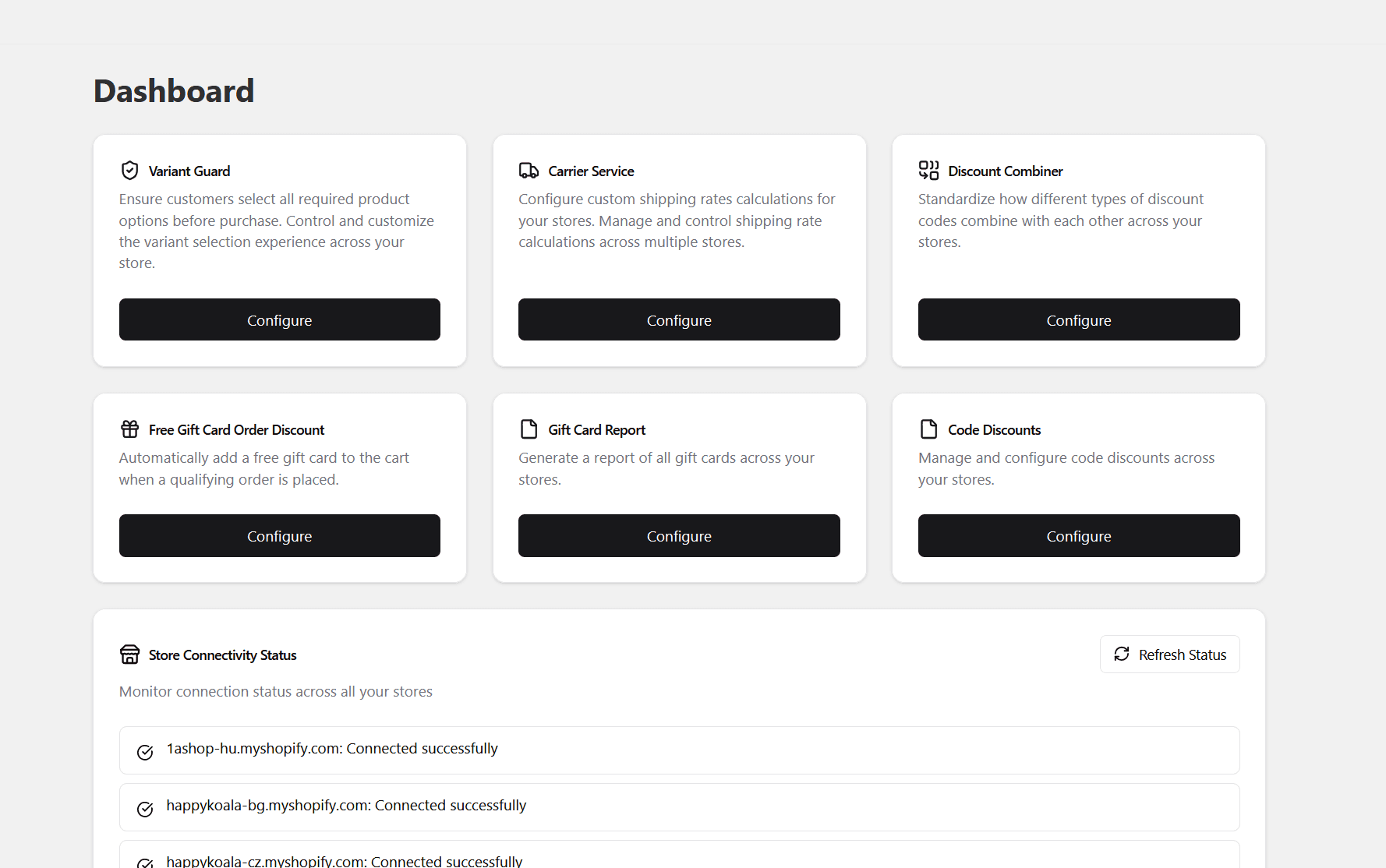 Megasplet's app dashboard with Variant Guard, Carrier Service, discount modules, gift-card reporting and connected stores.