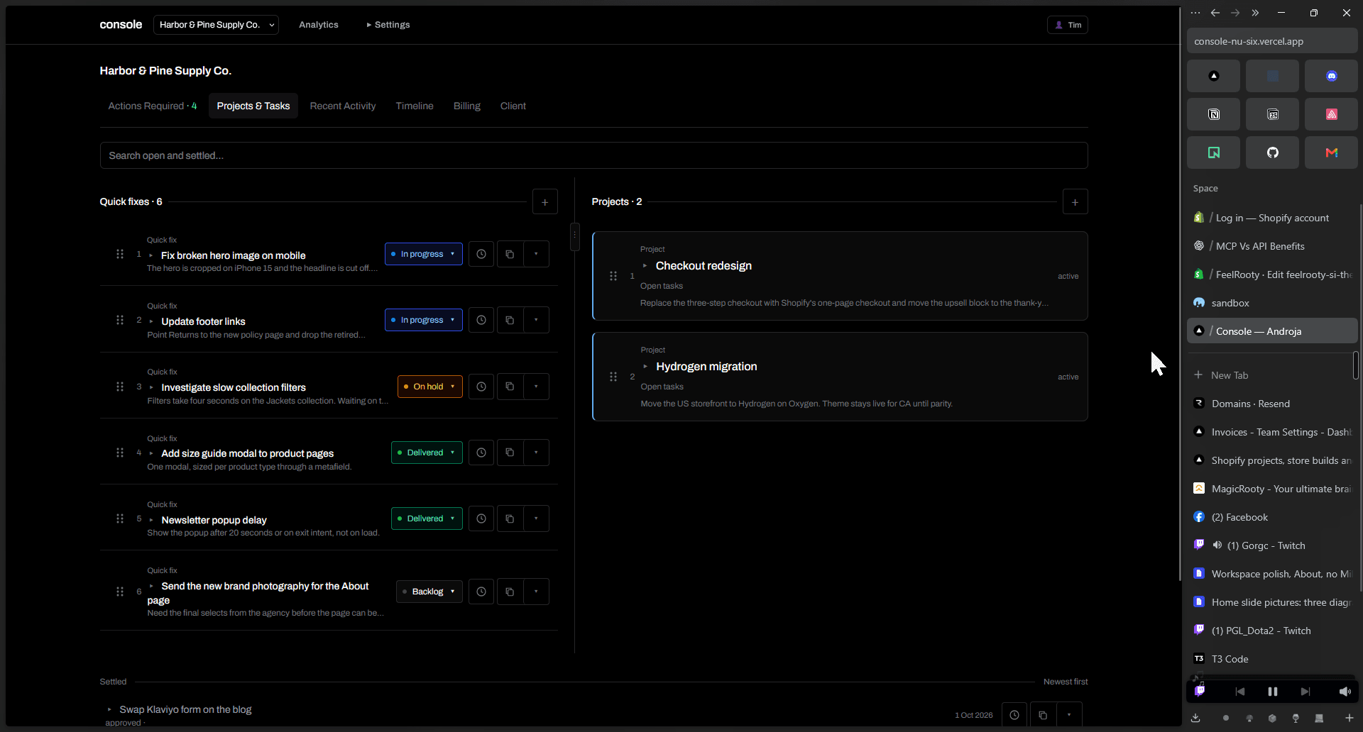 Console's Projects & Tasks view, with quick fixes, delivery statuses and two projects for the fictional Harbor & Pine Supply Co. workspace.
