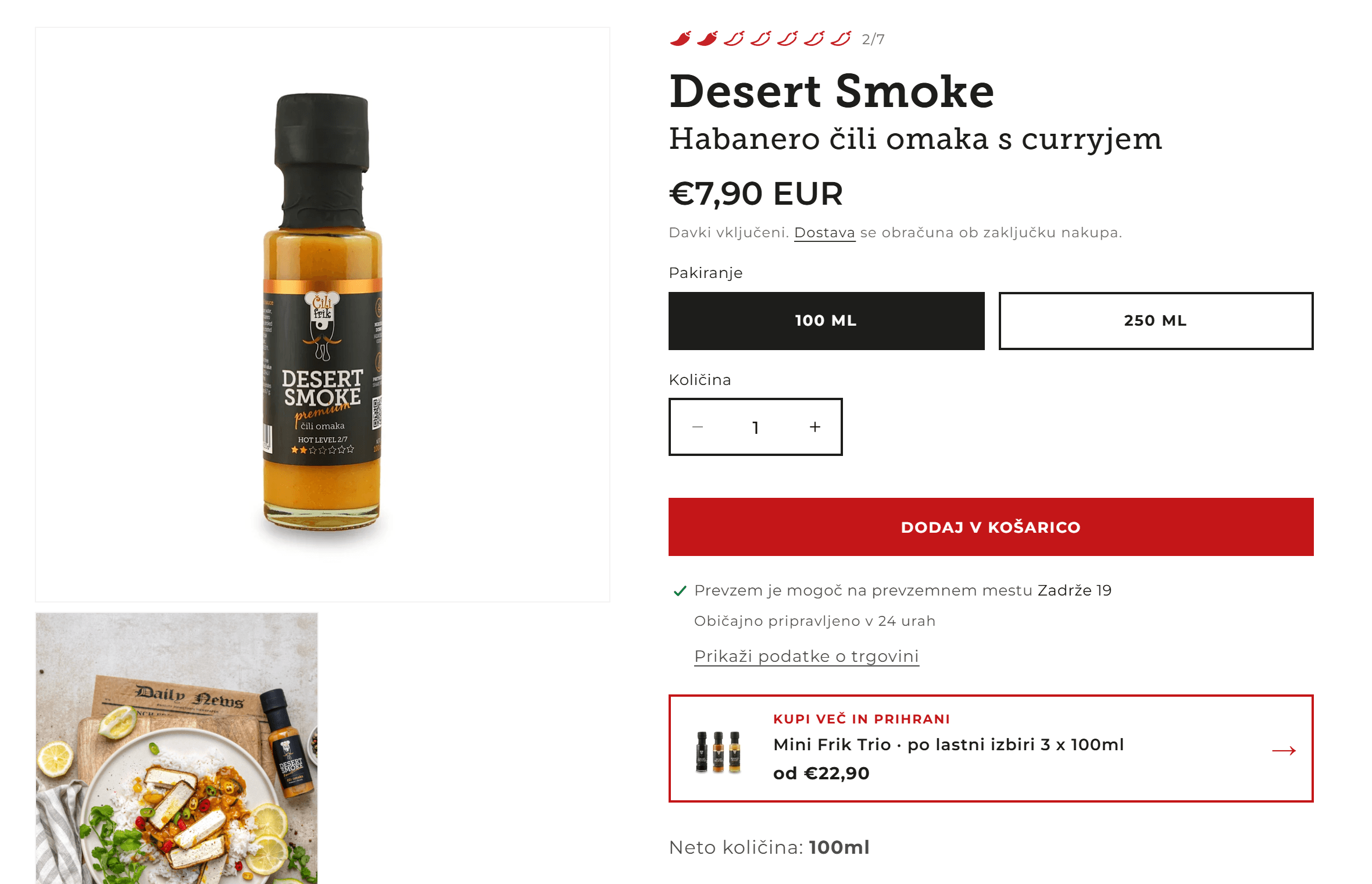 Čili Frik Desert Smoke product page with 100 ml selected at €7.90 and the Mini Frik Trio pack offer below.