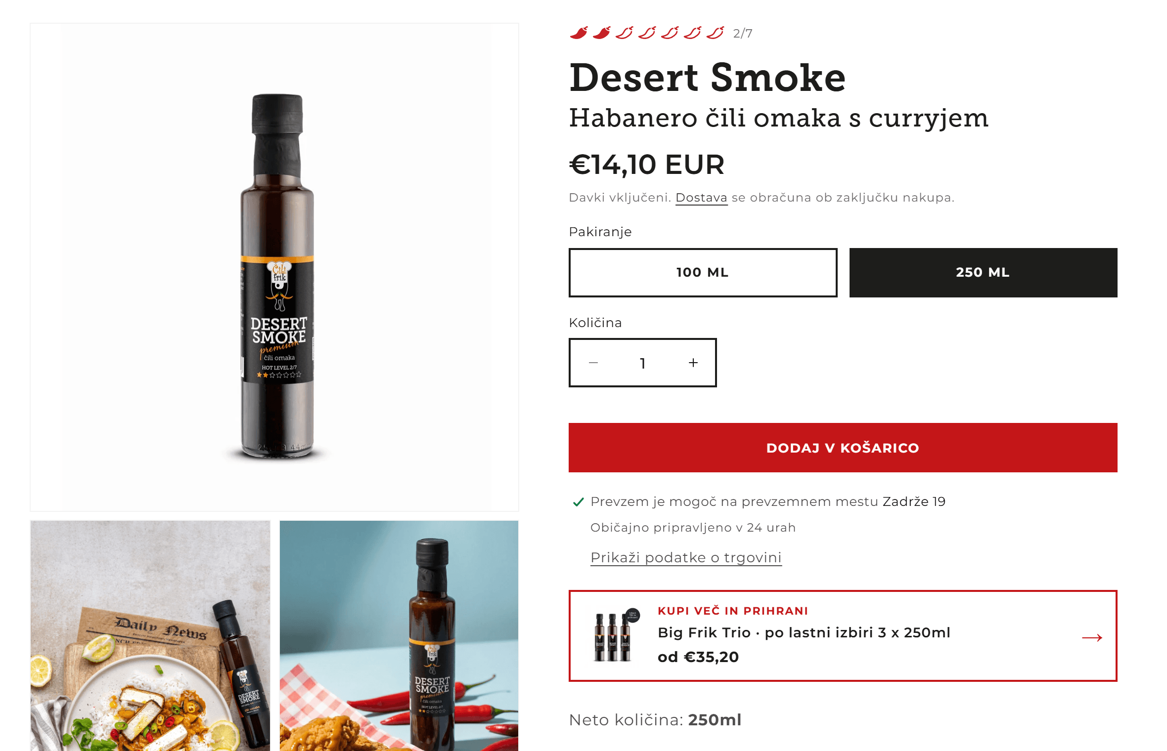 The same Desert Smoke page with 250 ml selected at €14.10 and the Big Frik Trio pack offer below.