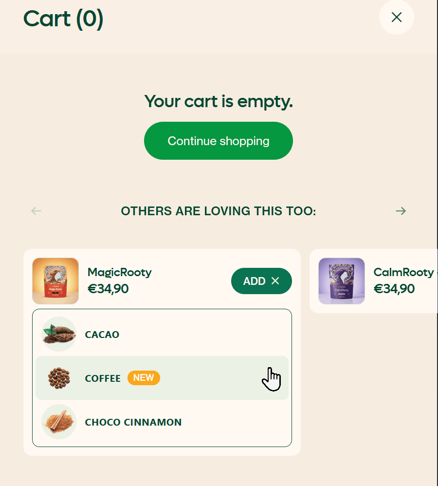 Empty Feelrooty cart offering MagicRooty with a choice of flavours.