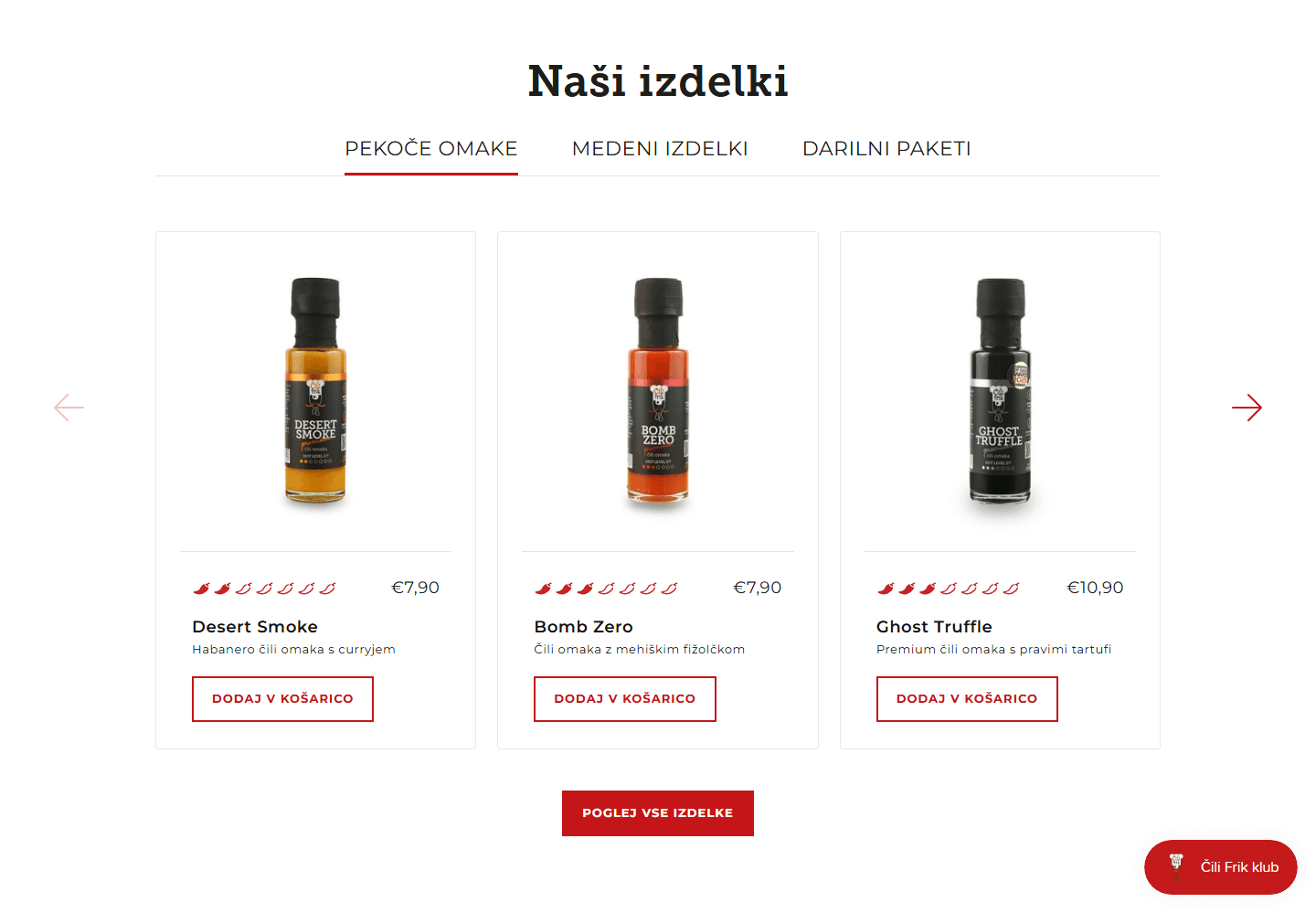 Čili Frik's homepage product section, with tabs for hot sauces, honey products and gift packs.