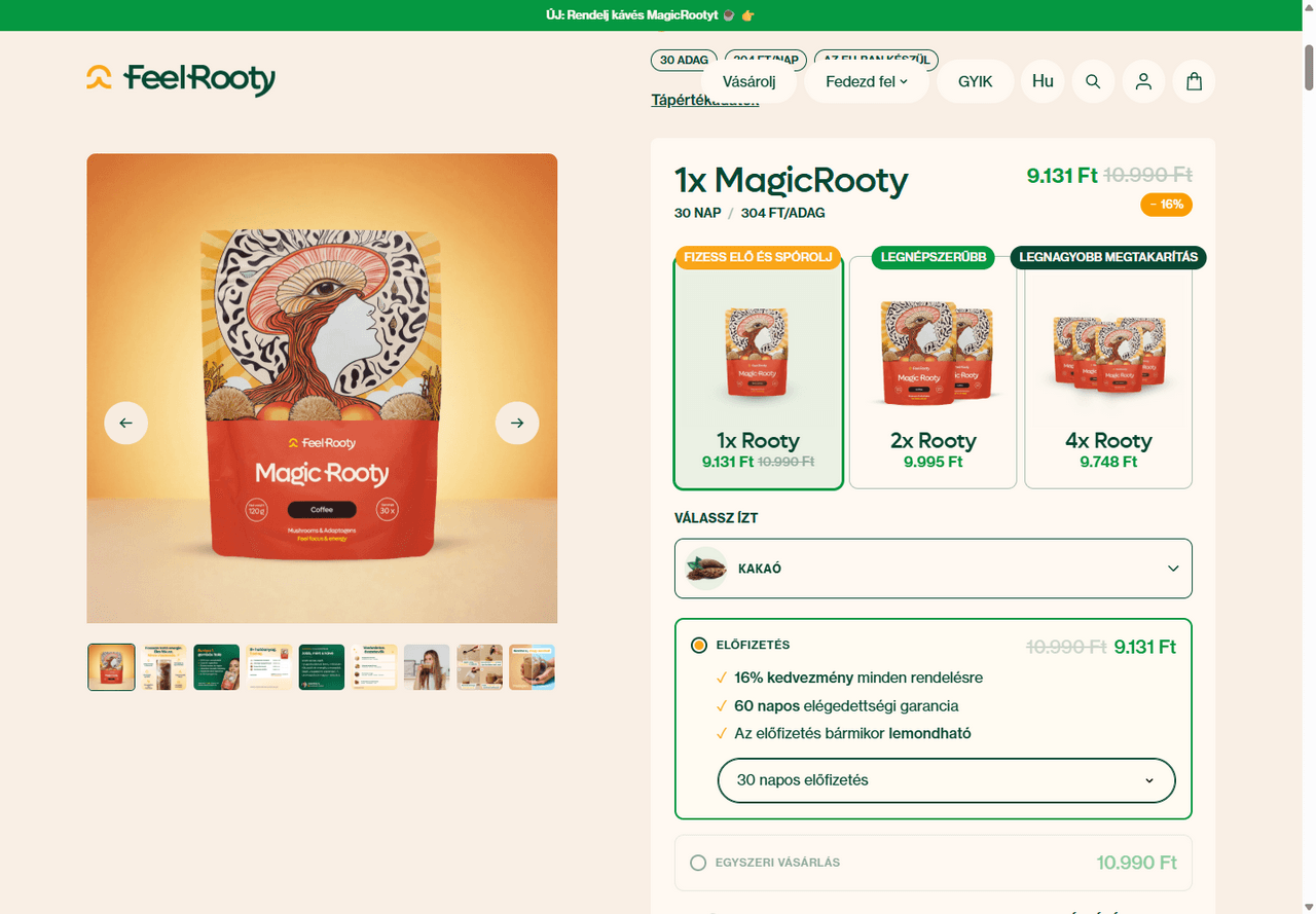 Feelrooty's Hungarian product page with translated pack and subscription options and prices in forints.