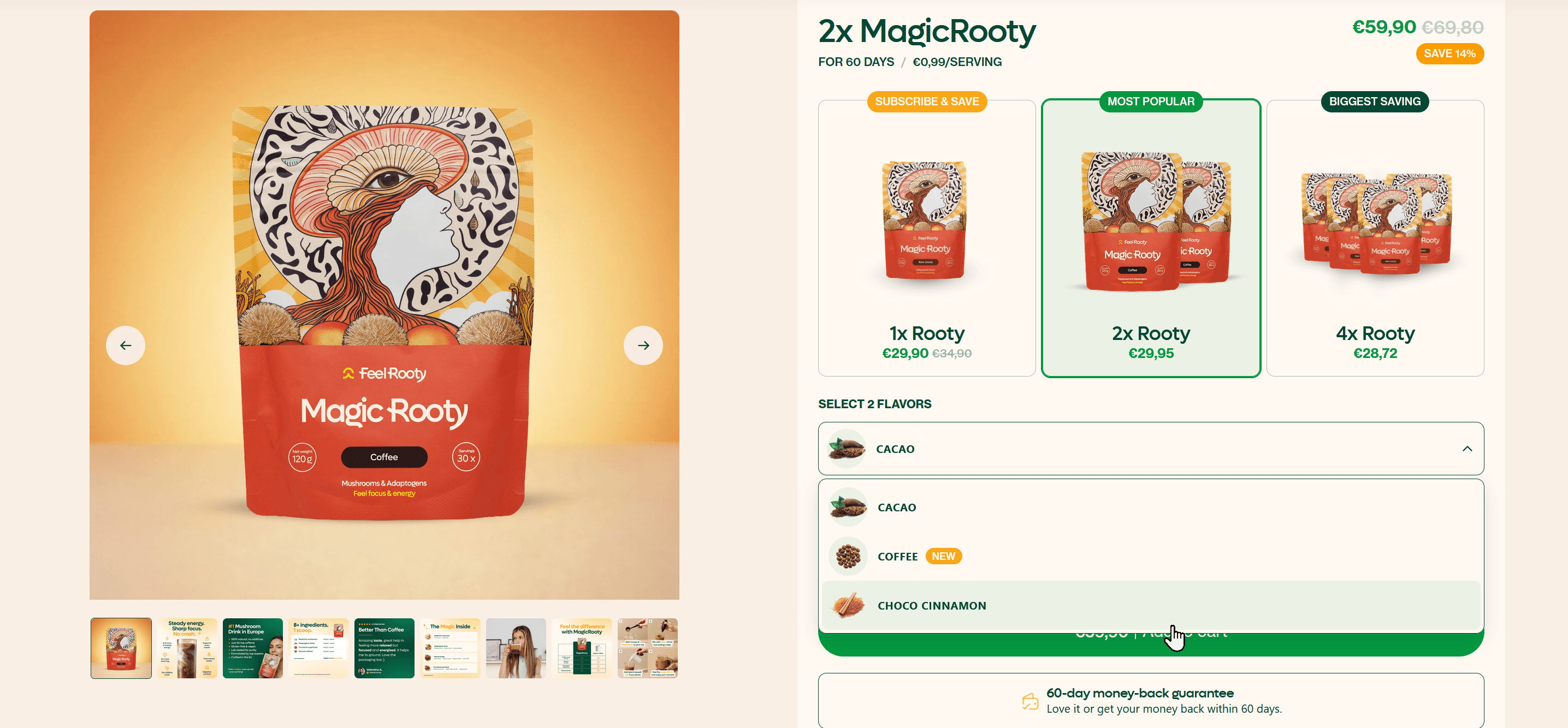 MagicRooty product page with a two-pack selected and a flavour selector for each pack.