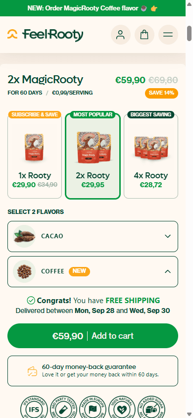 Mobile MagicRooty page with Cacao and Coffee selected for a two-pack, showing the total and cost per serving.