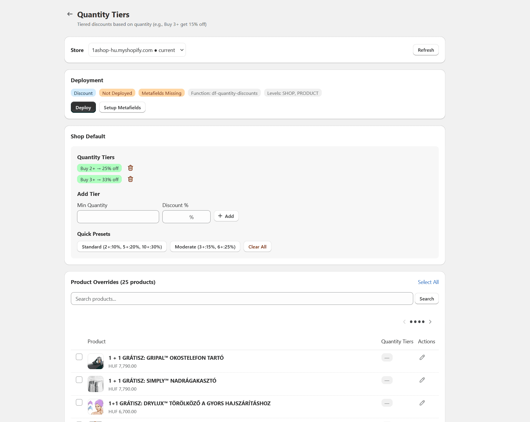 Megasplet's quantity-tier app with a store selector, shop-wide discount tiers and product overrides.