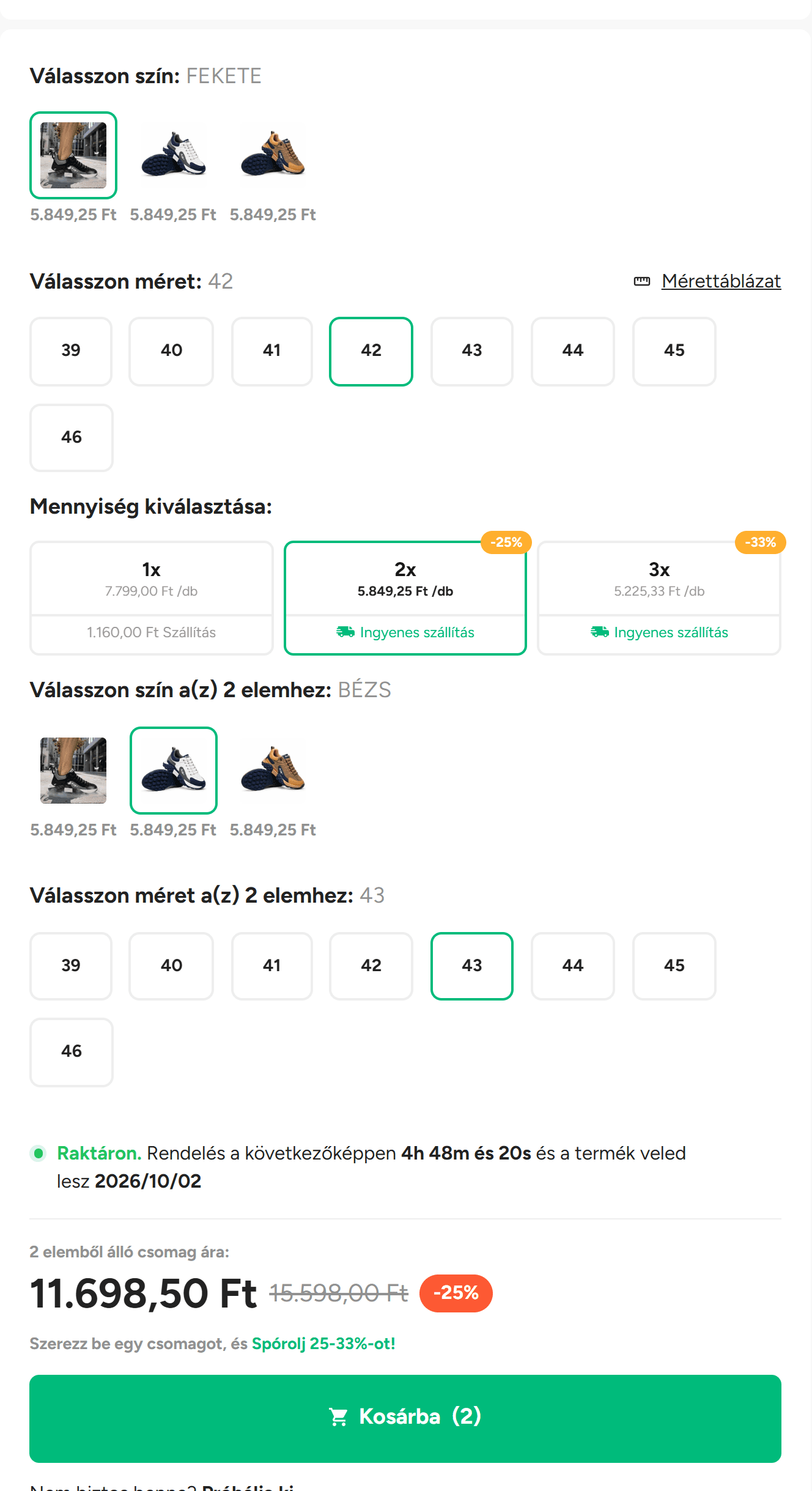 1ashop.hu STRAVEX product page with the two-pair tier selected, black in size 42 and beige in size 43, at HUF 11,698.50.
