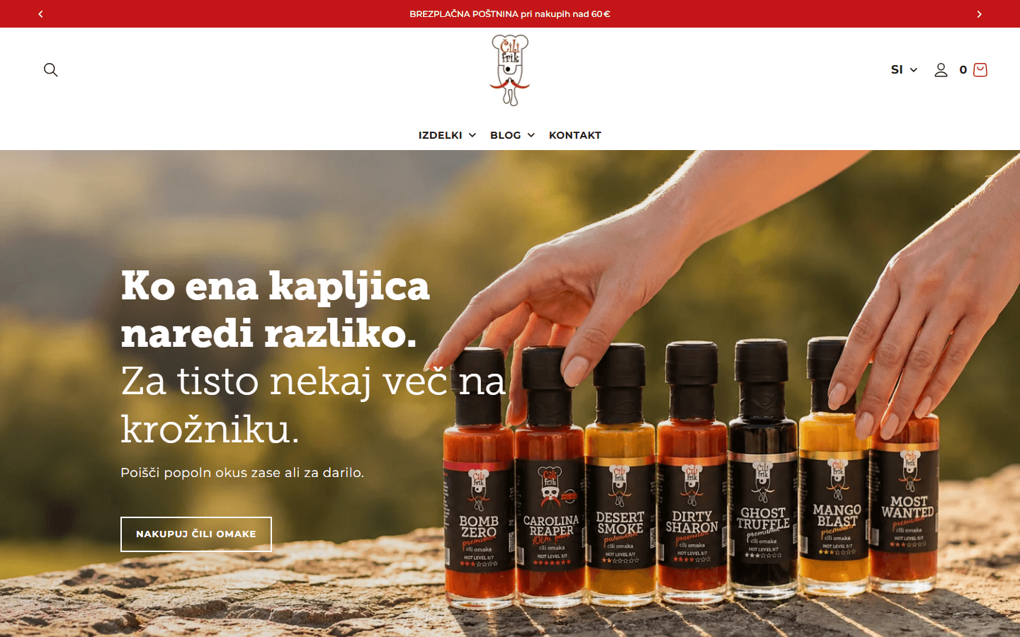 Čili Frik's Shopify homepage with its hot-sauce hero, product photography and navigation