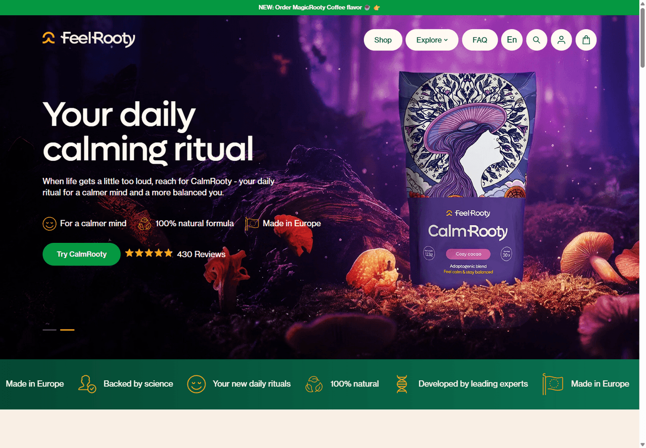 Feelrooty's live Shopify storefront with its CalmRooty product, brand design and navigation